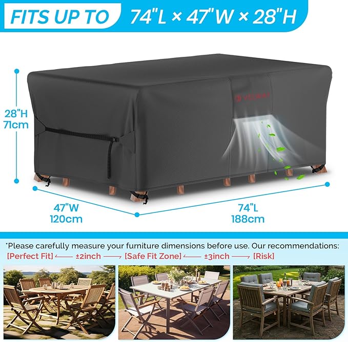 Velway Patio Furniture Cover Waterproof - Heavy-Duty 500D Upgraded Tear-resistant Outdoor Table Chair Set Cover with Windproof Buckles&Large Air Vent Anti-UV Rectangle Furniture Covers 74"x47"x28"