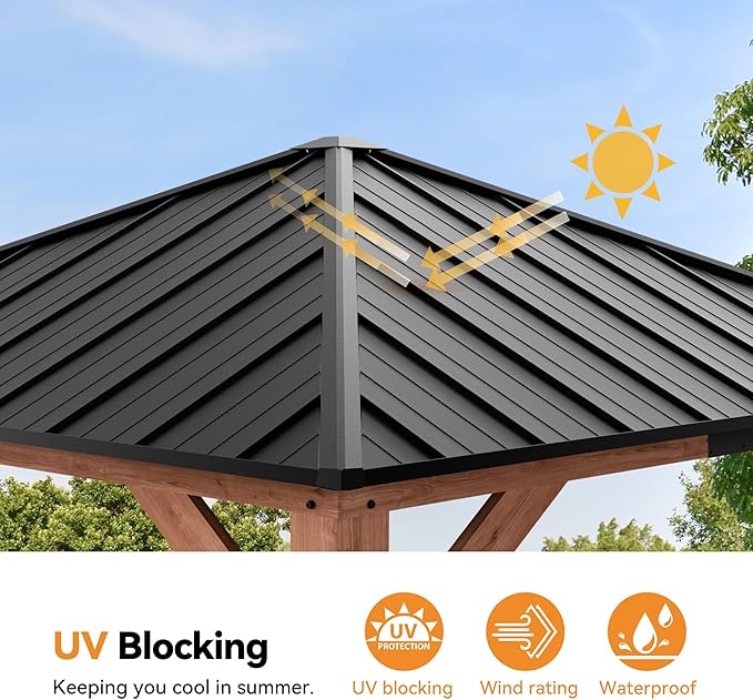 Modern Shade Tranquil Grove Wood Gazebo 10' x 10', Permanent Hardtop Gazebo with Galvanized Steel Roof, Mosquito Netting and Curtains, Cedar Outdoor Gazebo with Sturdy Hooks for Backyard