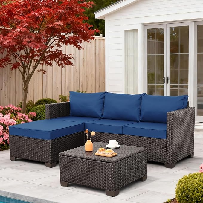 Patio Furniture Set 3 Pieces Outdoor Sectional Sofa Set Wicker Patio Furniture Outdoor Couch Outdoor Ottoman Coffee Table with Storage All-Weather Anti-Slip Cushions Waterproof Covers, Navy Blue