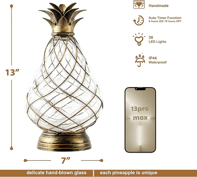 MOZEAL Extra Large Glass Pineapple Light,13 in Lantern Decorative,IP44 Waterproof,6 Hours Timer,Battery Operated,As a Gift,for Farmhouse/Garden/Outdoor/Patio/Porch/Table/Backyard/Beach/Mantle Decor