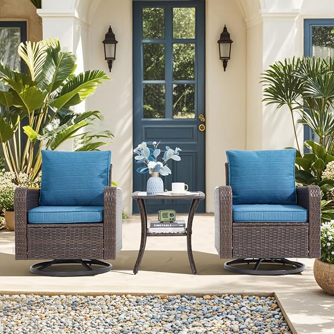 3 Pieces Outdoor Furniture Set with Swivel Chairs, Wicker Patio Furniture Sets for Porch Deck Bistro Lawn Garden Backyard Poolside - Navy Blue