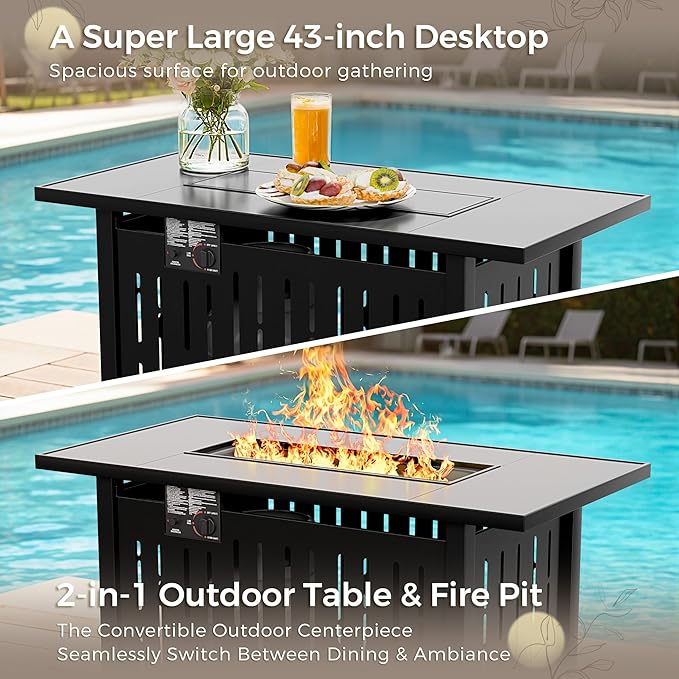 Flamaker 7 Pieces Patio Furniture Set with Fire Pit Table Outdoor Sectional Patio Sofa Furniture Set with Gas Fire Pit and Coffee Table & Ottoman Cushion Pillows, Red