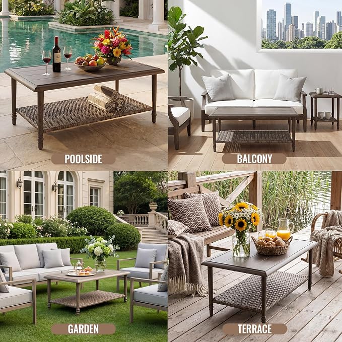 Outdoor Coffee Table Rectangular, Metal&Wicker Patio Table for Outside, Outdoor PE Wicker Coffee Table, All-Weather Coffee Side Table with Storage, Patio Furniture for Patio Balcony Porch (Brown)