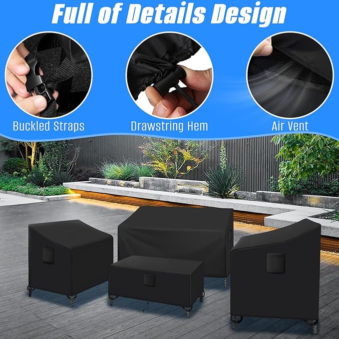 SIRUITON Patio Furniture Covers, Outdoor Furniture Cover Waterproof 4-Piece, Patio Furniture Set Covers, Heavy Duty Durable and Water Resistant Fabric (210D Polyester Oxford, Black)