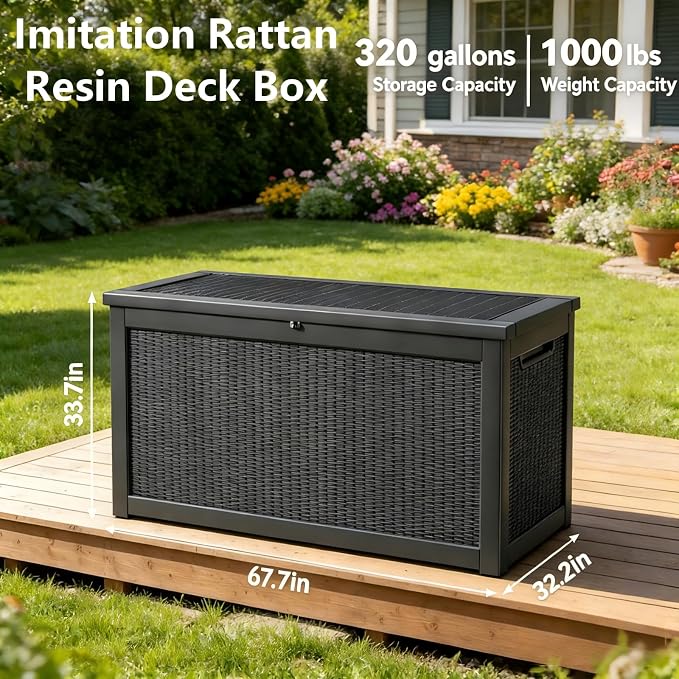 320 Gallon Professional Waterproof Pool Storage Bin, Lockable Outdoor Storage Box with Sturdy Resin, Deck Box for Patio Seat Cushions, Garden Tools, Black