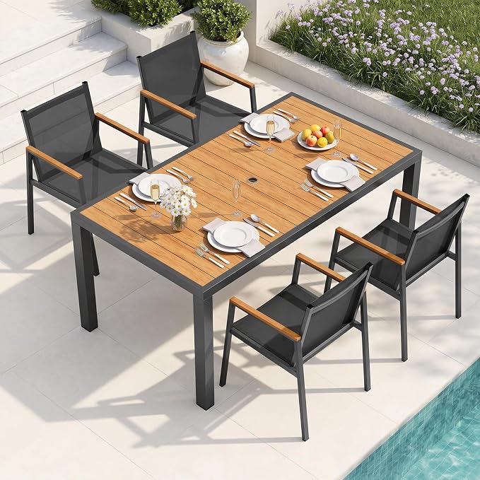 Outdoor Dining Set for 4, Aluminum Patio Table and Chairs Set, 5-Piece All Weather Patio Dining Furniture Set with Umbrella Hole for Backyard, Deck, Poolside (Gray-Teak)