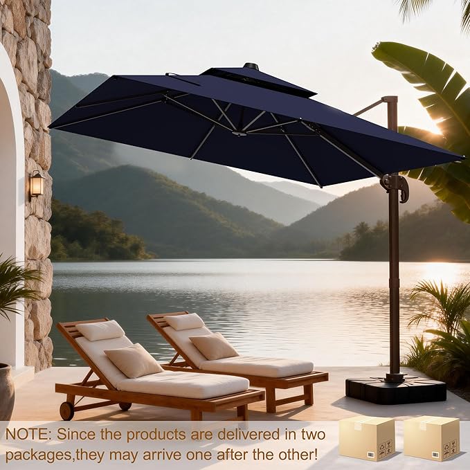 10x10Ft Patio Umbrella Outdoor Cantilever Rectangle Umbrella with Base Included, 6-Level Tilt & 360° Rotation Offset Umbrella for Garden, Deck, Pool(Navy Blue)