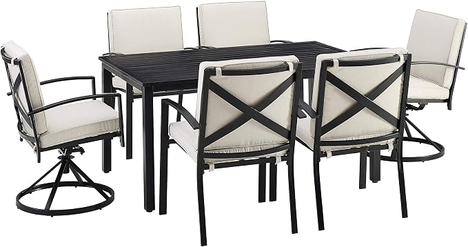 Crosley Furniture Kaplan 7-Piece Outdoor Dining Set for 6, Patio Table and Chairs for Backyard, Deck, Oiled Bronze with Oatmeal Cushions