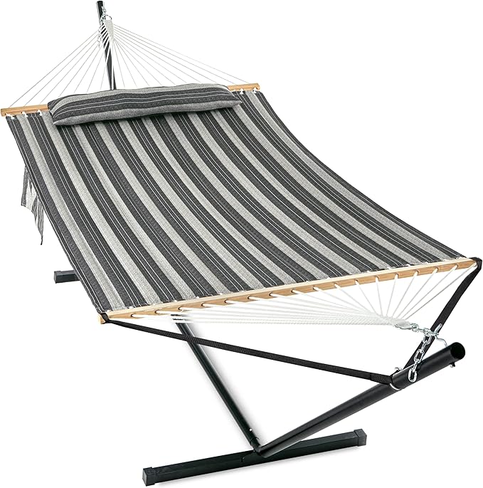 2 Person Hammock with Stand for Outside, Heavy Duty Steel Stand, Double 55inch Hammocks, Large Removable Pillow, Storage Bags, Max 475 lbs Capacity (Mountain Mist Gray)