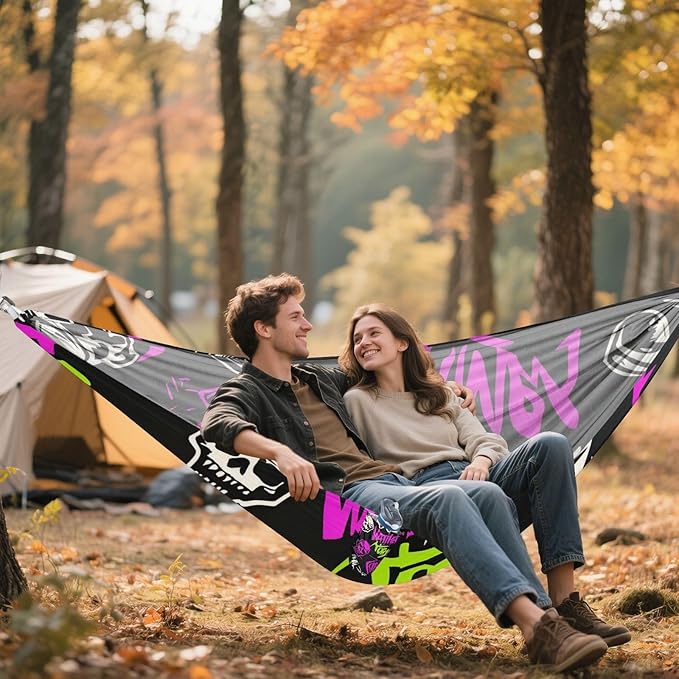 Punk Peach Black Skulls Rock 330lb Capacity Outdoor Hammocks with Tree Straps Hanging Hammock for Outside Patio Garden amacas para patios con Base de adultos
