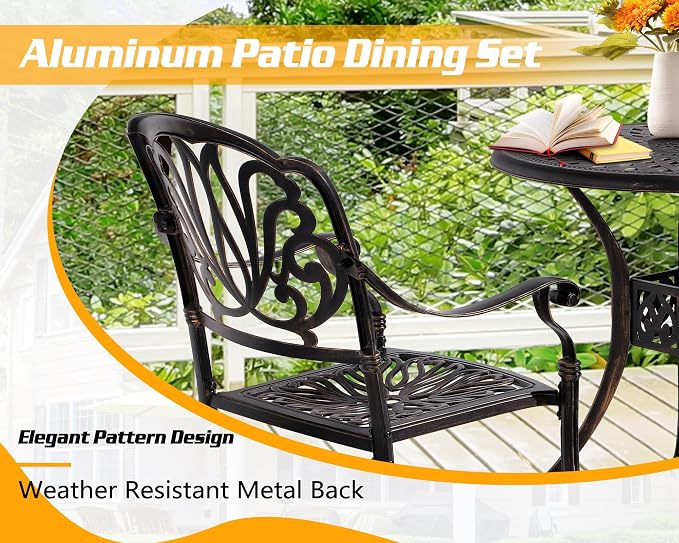TITIMO 5-Piece Outdoor Patio Dining Set,All-Weather Cast Aluminum Furniture Conversation Set Includes 4 Chairs and 1 Square Table with Umbrella Hole for Patio Garden Deck, Blooming Flower Design