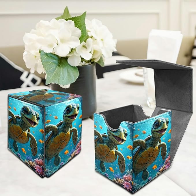 Baby Sea Turtle Card Deck Box for MTG, Personalized Card Storage Case Fits 120+ Sleeved Cards, Premium Leather TCG Box with Strong Magnetic Closure for Magic, CCG, PTCG, Baseball Cards