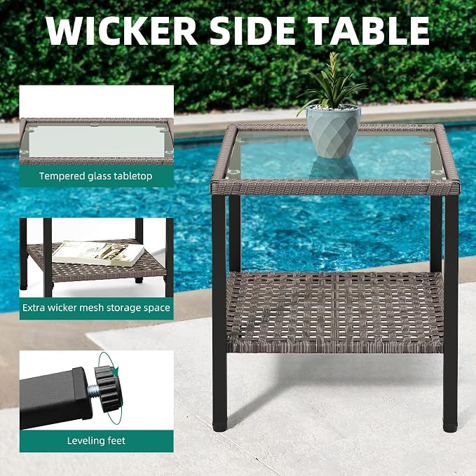YITAHOME 3 Pieces Patio Set w/2.8" Thick Cushions, All Weather Swivel Patio Furniture Set w/Wicker Rocking Chairs & Rattan Side Table for Backyard Deck Poolside, Blue