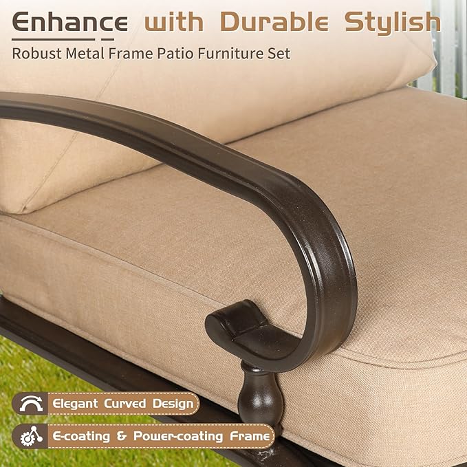 Oakcloud 4Pcs Metal Outdoor Furniture Patio Conversation Set (Loveseat and Coffee Table, 2 Dining Chair) -Wrought Iron Patio Chair Set with Cushions (Brown)
