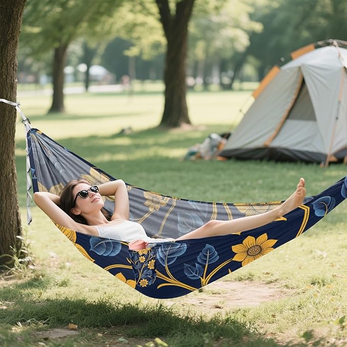 Art Floral Ethnic Gold Blue 330lb Capacity Outdoor Hammock Swing Hammock for Outside Beach Patio Garden hamacas para Patio