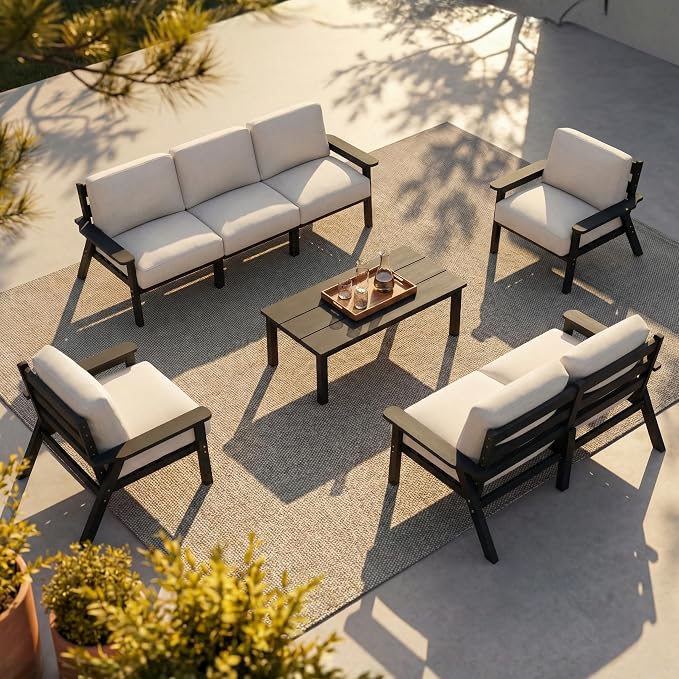 8 Piece Patio Furniture Set, HDPE Sectional Sofa Seating for 7, Includes 3-Seat Sofa, Loveseat, 2 Armchairs, Coffee Table, All-Weather Outdoor Conversation Set with Olefin Fabric, Black/Khaki
