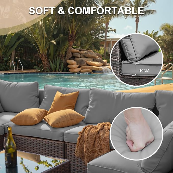 5 Pieces Patio Furniture Set with 42" Fire Pit Table, Outdoor Patio Sectional Sofa, Wicker Rattan Conversation Set, Grey