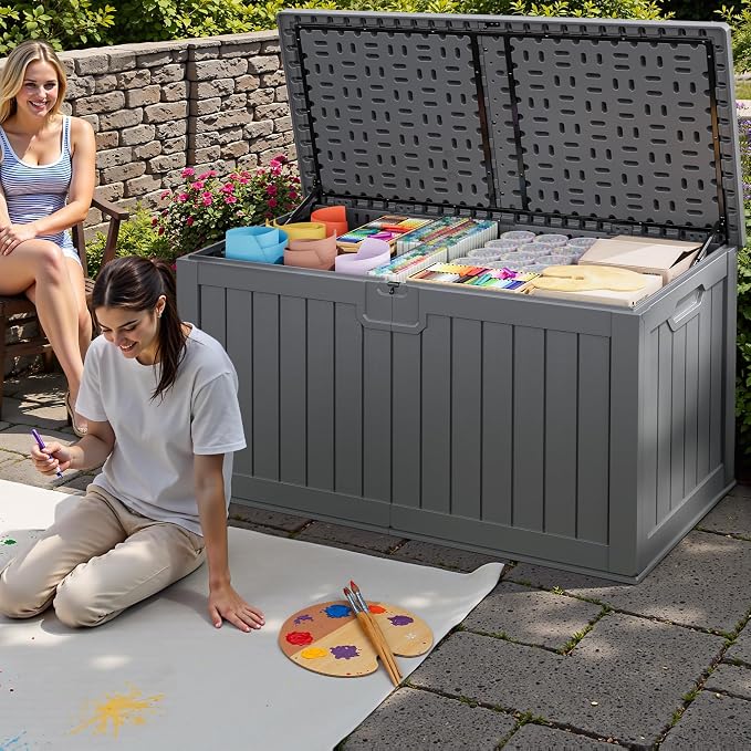 JUMMICO 250 Gallon Outdoor Resin Deck Box with Divider, Waterproof Storage Box with Lockable Lid&Side Handles for Garden Tools, Pools Supplies (Gray)