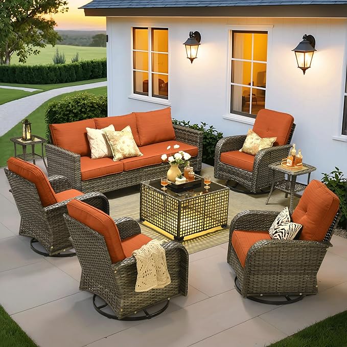 ovios 8 Pieces Patio Furniture Set, Outdoor Wicker Sofa Couch with Rocking Swivel Chairs Solar Lights Table, Modern Deep Seat Rattan Conversation Sets for Deck Porch, Orange Red