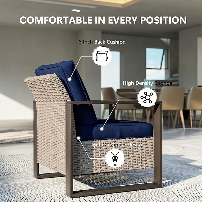 Outdoor Patio Furniture Set, 7 Piece Wicker Patio Conversation with Deep Seating, Thicken Cushions, Outdoor Club Chair, Metal Outdoor Furniture for Deck, Porch, Yard Use (Blue, 7 PCS/Chairs)