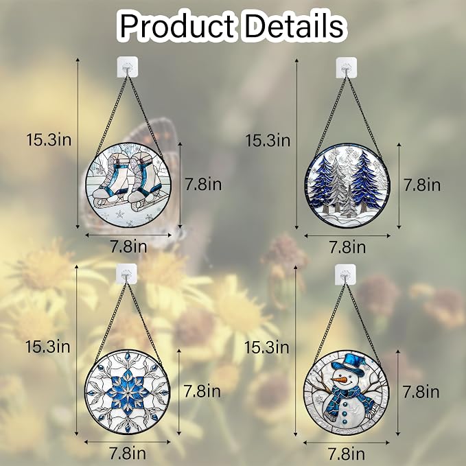 DASTOLL Stained Glass Window Hanging 4 Pcs Set White Winter Christmas Snow Scene 7.8" - Suncatcher Door Garden Sun Catcher Decor Birthday for Mom Woman Nana Men Friend Wife