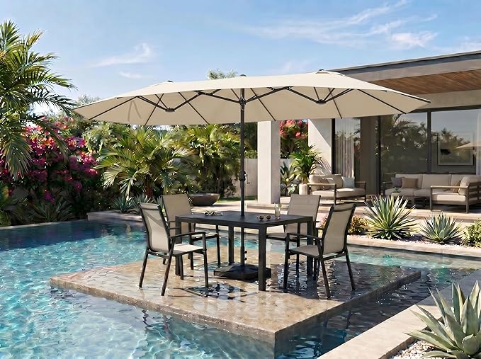 PURPLE LEAF 14ft Patio Market Umbrella with Base Double-Sided Rectangle Outdoor Table Sun Umbrellas with Crank 12 Heavy Duty Sturdy Ribs for Pool Beach Deck Backyard Khaki