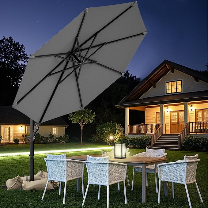Greesum 10FT Outdoor Patio Umbrella with High Pedel and 4 Gear Heights, Large Offset Market Umbrella with 360-degree Rotation, Without Base, Hanging Outdoor Shade for Garden, Lawn, Pool, Gray
