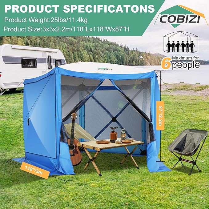 COBIZI 10x10 FT Pop up Gazebo, Popup Canopy Tent,Screened in Gazebos with sidewalls, Waterproof Portable Outdoor Small Screen Tents Sun Shelter,carpas para Patio for Camping, Garden and Backyard,Blue