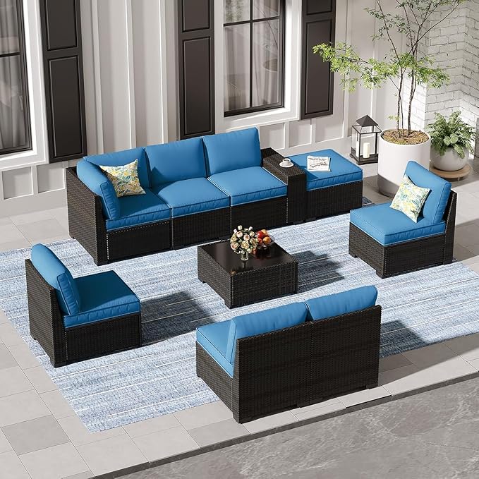 9 Pieces Outdoor Patio Furniture Set, Wicker Conversation Sets with Tea Table, Rattan Patio Sofa with Thick Cushions for Garden, Backyard Porch, Poolside,Peacock