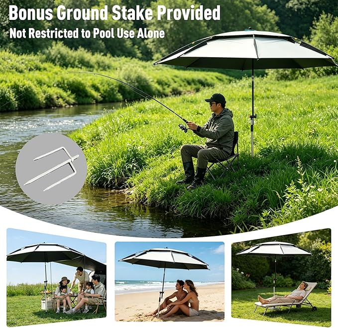 Above Ground Pool Umbrella 7.9 FT, UPF 50+ Sun Protection, 360° Rotating & Tilt Adjustable, Rust-Resistant Stainless Steel Clamp, with Ground Stake & Carry Bag, Outdoor Umbrella for Patio, Beach, Camping – White