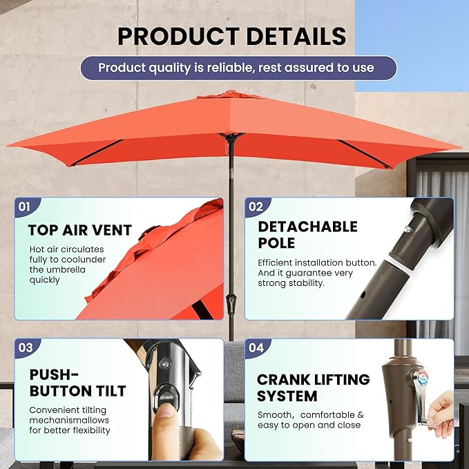 Ayge 6.5x10FT Rectangular Patio Umbrella Outdoor Table Umbrella w/Push Button Tilt & Crank Rectangle Market Umbrella UV Protection for Garden,Deck,Lawn,Yard & Pool,Orange
