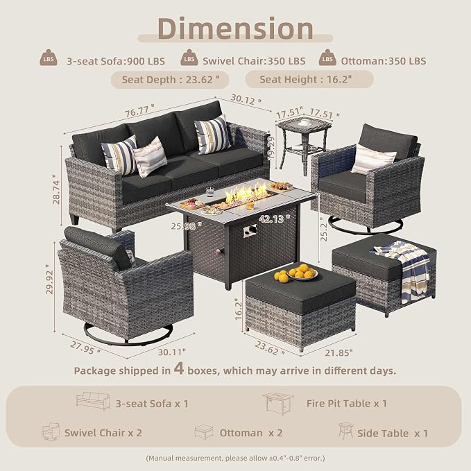 CAODOC 7-Piece Outdoor Wicker Patio Set with 7 Seats, Including 43" Fire Pit - Swivel Rocker Chairs and Conversation Set for Backyard or Lawn, Gray Rattan with Waterproof Black Cushions