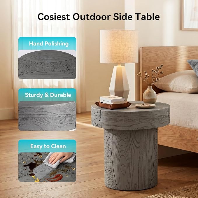 COSIEST MgO Concrete Round Side Table, 19.8 Inch Outdoor Patio End Accent Table Modern Coffee Table for Garden Balcony Backyard, Gray, 1 Pack