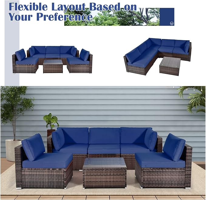 DORTALA 6 Pieces Patio Furniture Set, Outdoor Wicker Conversation Set with Glass Coffee Table, Wicker Sofa Set with Back & Seat Cushions, Rattan Sectional Conversation Couch Set, Navy