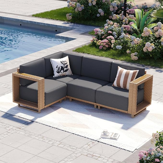 Aoxun Patio Furniture Set, 4 Piece Outdoor Wicker Sectional Sofa Set, All-Weather Rattan with 10'' Ultra-Thick Cushions, Outdoor Conversation Set for Backyard, Poolside and Garden, Yellow/Dark Gray