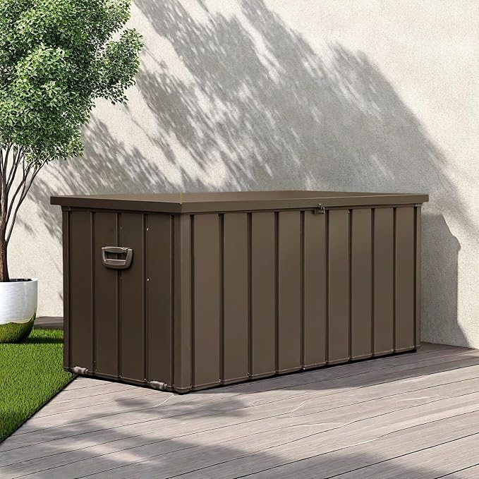 ChicFurnit Outdoor Storage Box, 100 Gallon Deck Box with Lockable Metal Lid & Portable Side Handles, Outdoor Storage Bin with Stable Support Rod, Soft Close Mechanism & Mobility Rollers, Dark Brown