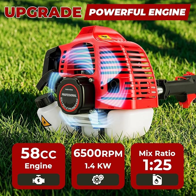 58CC Weed Wacker Gas Powered, 2-Cycle 5 in 1 Gas Powered Hedge Trimmer, Pole Saw, String Trimmer and Brush Cutter Blade, Grass Cutter Machine, Multi Functional Trimming Tools for Yard Garden Lawn Care