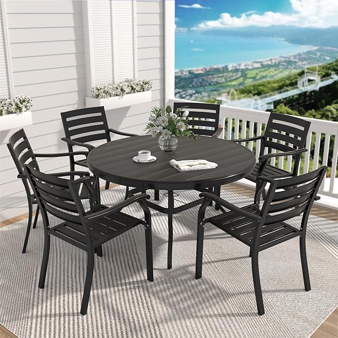 LUMISOL 7-Piece Outdoor Patio Dining Set, 4 Stackable Metal Dining Chairs and 40.6" Round Metal Dining Table, Outdoor Table and Chairs for Lawn Garden Backyard, Black