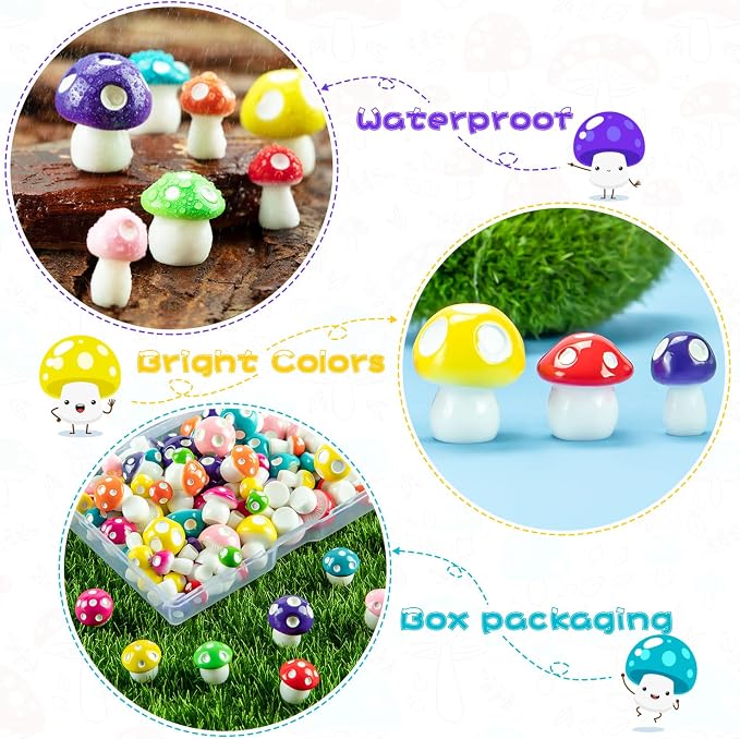 64 pcs Tiny Mushrooms, Colorful Miniature | Fairy Garden, Mini Resin Mushrooms Decoration, Mushroom Statue Cute Figurines, Garden Bonsai Micro Landscape Craft