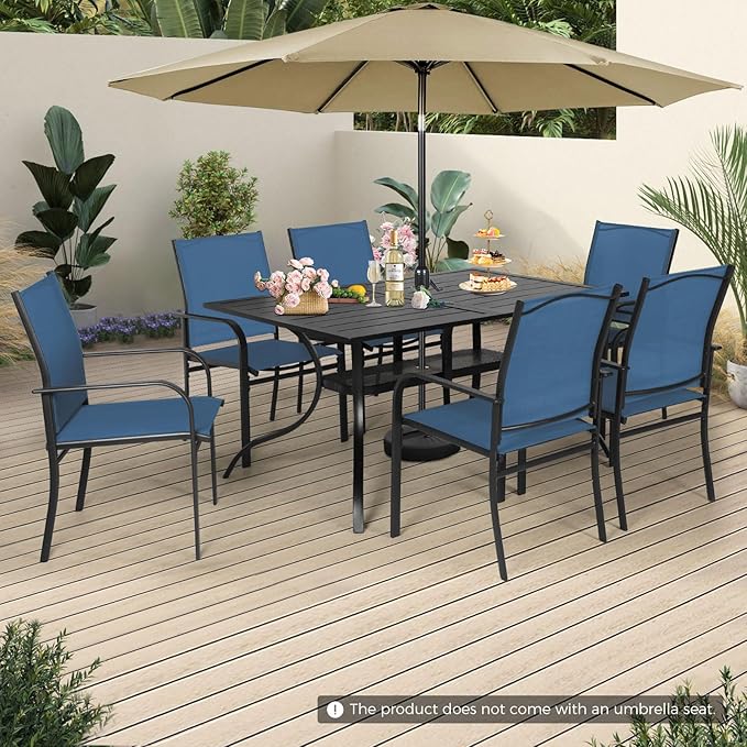 Incbruce 8 Pieces Patio Dining Set with Brown Umbrella, Outdoor Dining Set of 6 Textilene Chairs and Rectangle Table with Umbrella Hole for Backyard, Garden, and Poolside (Blue)