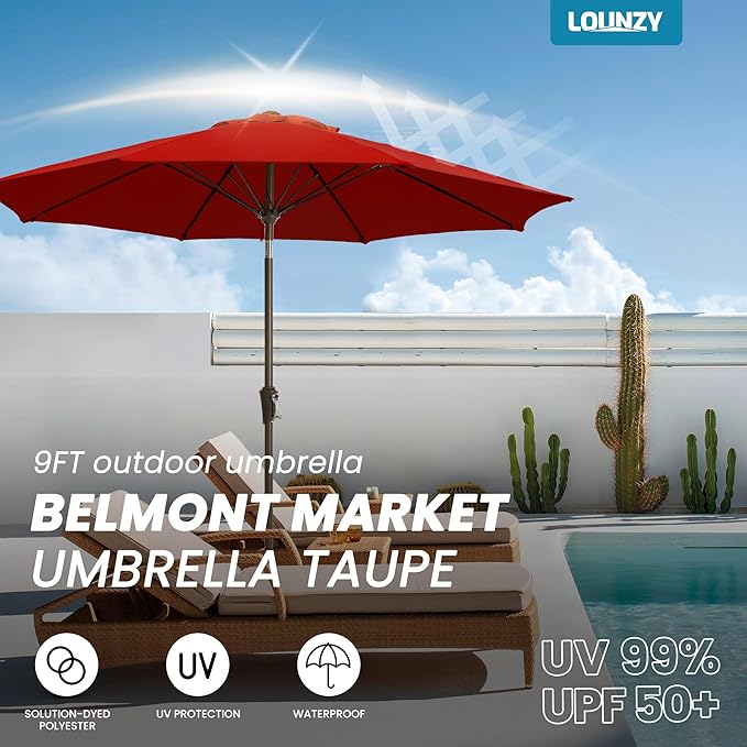 LOUNZY 9FT Large Outdoor Patio Umbrella Table Umbrella-UV Resistant,Easy Push Button Tilt and Crank,8 Sturdy Fiberglass Ribs Pool Umbrella for Patio,Backyard,Deck,Yard,Market