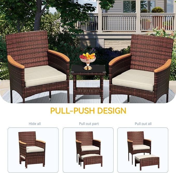 5Pcs Patio Furniture Sets Rattan Patio Chair Set of 5 Outdoor with Coffee Glass Table & Ottoman for Yard Backyard Lawn Porch Poolside Balcony (Brown and Khaki)