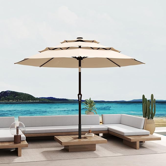 10FT Patio Umbrella 3 Tiers Outdoor Market Umbrella w/Push Button Tilt, Crank, UV and Waterproof Table Umbrella for Garden, Pool, Backyard, Deck, Lawn, Beige