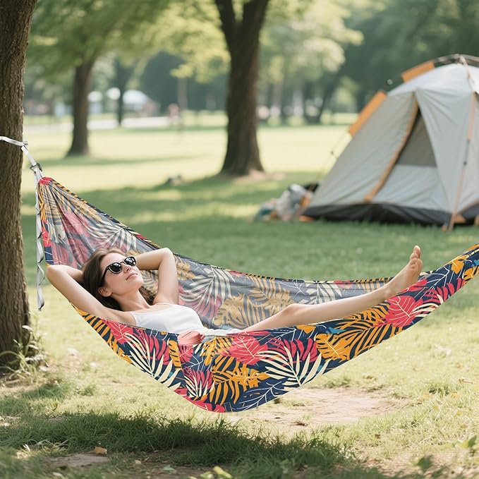 Camping Hammock Outdoor Hammocks for Outside Tropical Ethnic Leaves Beach Trees Portable Lightweight with Pockets Tree Straps Indoor