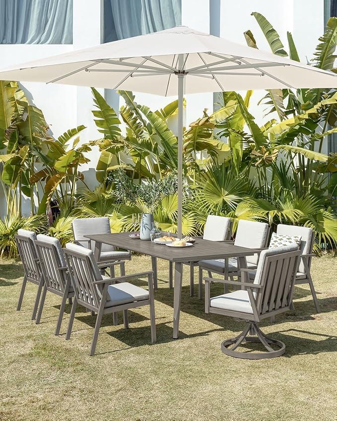9 Pieces Outdoor Dining Set for 8, Never-Rust Aluminum Patio Dining Set with 2.2" Umbrella Hole, Outdoor Patio Furniture Set with 2 Swivel Chairs for Decks, Garden, Backyard, Limed Oak