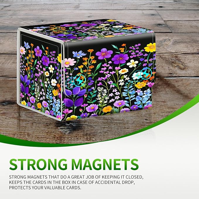 Card Deck Box for MTG, Cards Storage Box Fits 120+ Sleeved, Leather Small Size Strong Magnetic Closing Card Case for Board Games Magic TCG CCG Baseball Collection, Purple Wildflower