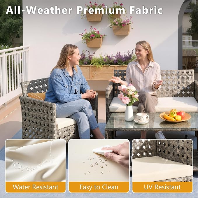 HOOOWOOO 4 Pieces Patio Furniture Set,PE Wicker Outdoor Conversation Sets,Weather Resistant Loveseat with High Back Chairs Table for Porch Balcony Yard Deck,Beige