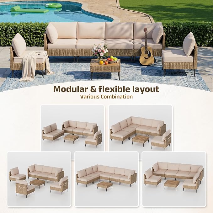 Outdoor Patio Furniture Sets,7 Pieces Outdoor Sectional Sofa PE Rattan Patio Conversation Sets with Composite Wood Coffee Table Resistant Thick Cushions Outdoor Sectional Furniture (Khaki)