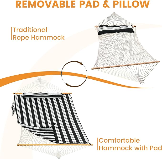 Lazy Daze Hammocks Rope Hammock with Pad, Spreader Bar, Carabiners, Tree Straps, Chains for Outside Patio- Max 450 Lbs, Black White Stripes