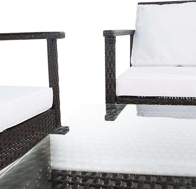 Safavieh Outdoor Collection Garnen Wicker Cushion 4-Piece Living Set PAT7714C, Brown/White